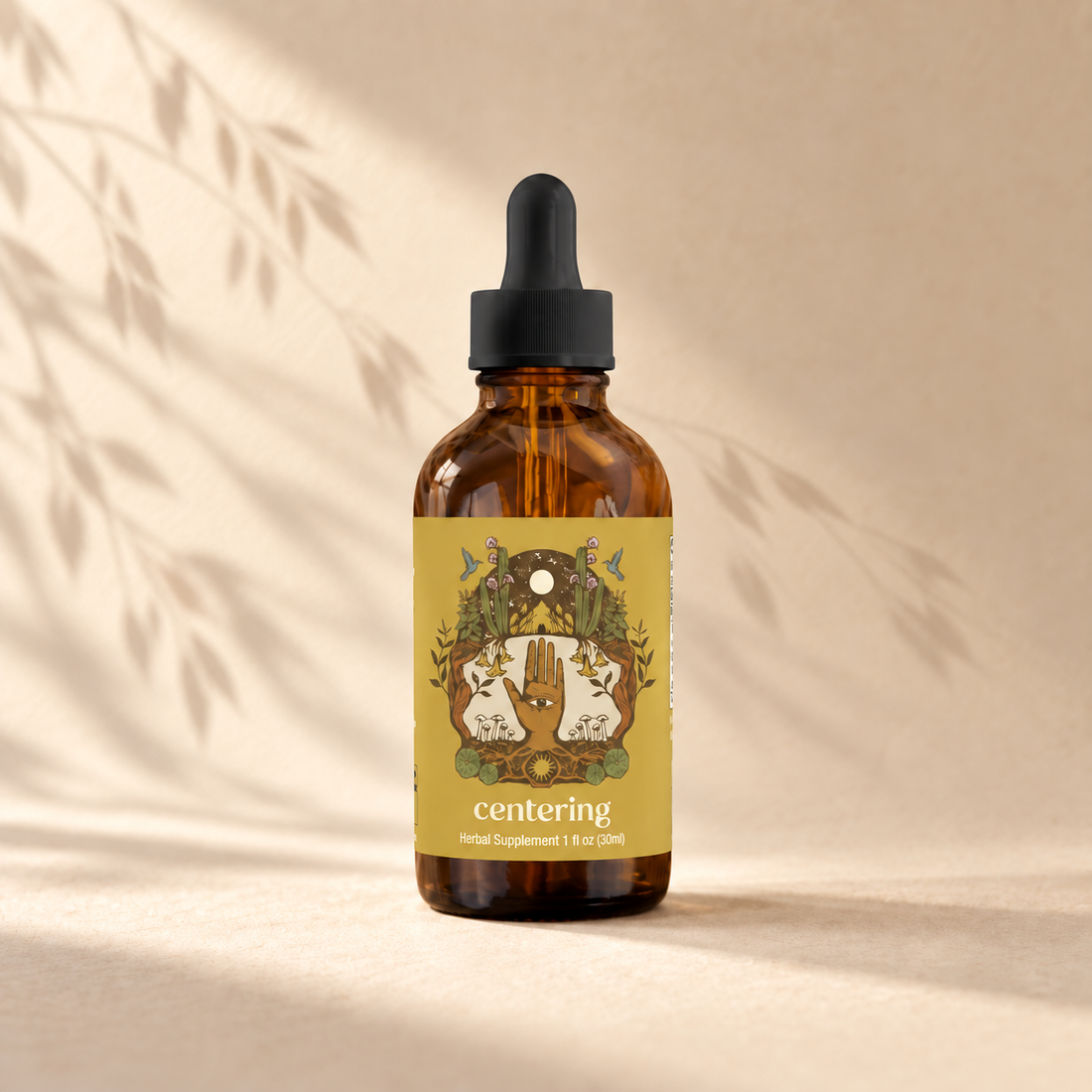 Centering on a cream background with soft shadows inspired by its botanical ingredients