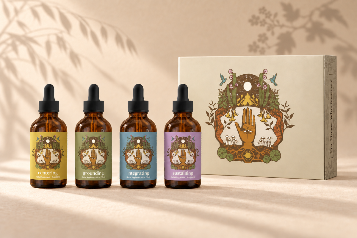 Journey Collection on a cream background with soft shadows inspired by its botanical ingredients