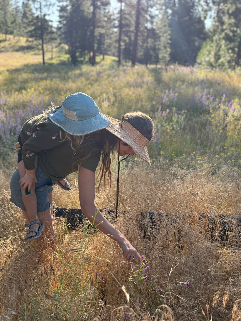 An adult carrying a child while reaching toward wildflowers in a sunlit meadow
