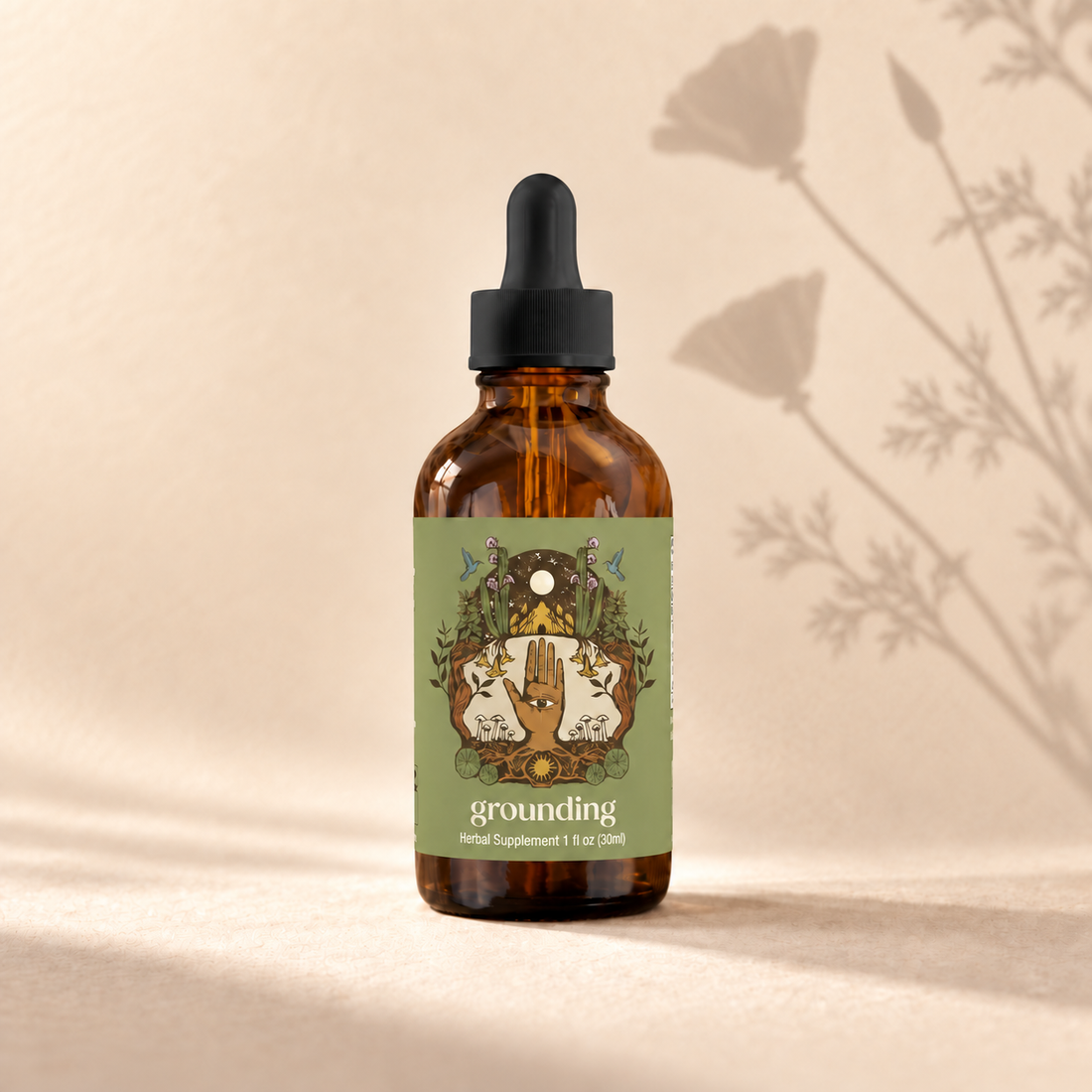 Grounding on a cream background with soft shadows inspired by its botanical ingredients