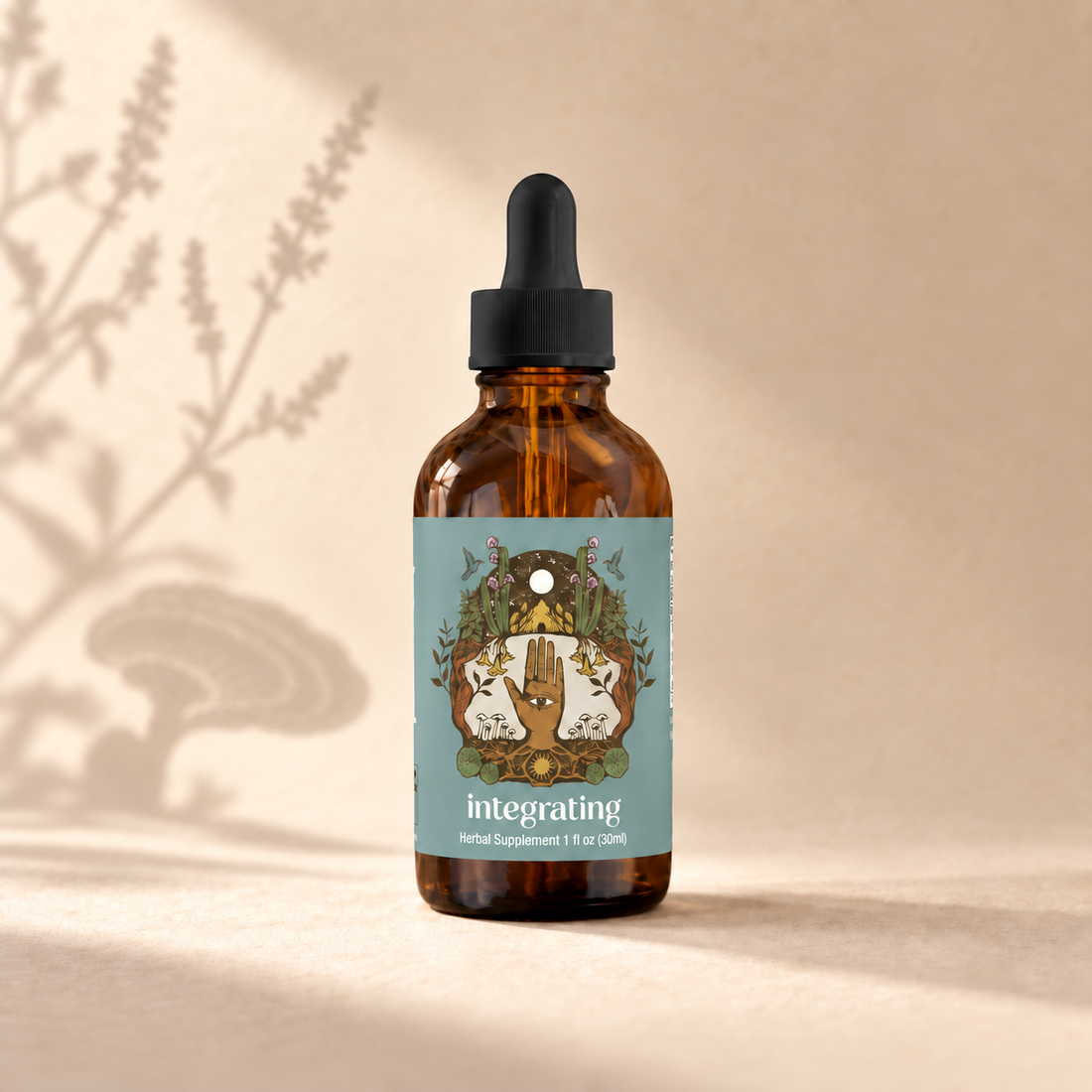 Integrating on a cream background with soft shadows inspired by its botanical ingredients